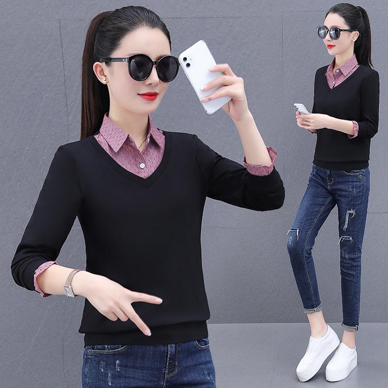 Khmer Farbblock-Revers Zweiteiliger Look Damen Langarm Herbst/Winter Pullover-Shirt