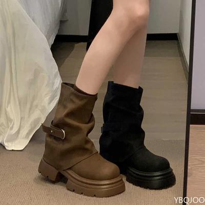 Damen Herbst neue vielseitige höhenverstärkende dicksohlige Mid-Calf-Stiefel schlicht bequem runde Zehenpartie dicker Absatz Damenschuhe