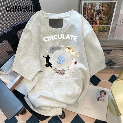Women's Summer New Loose Casual Kitten Print Short Sleeved Top