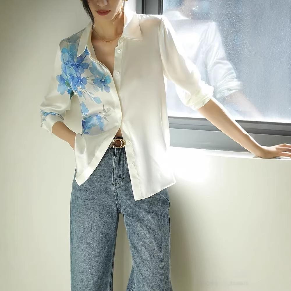 National Style Ink Painting Gradual Change Flower Positioning Printing Shirt 2026 Early Spring Lapel Design High-end Silk Shirt