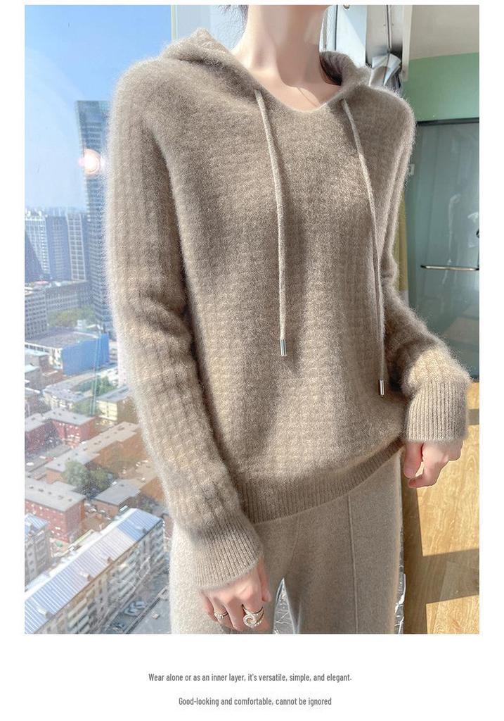 Women's Hooded Pure Wool Knit Hoodie - Autumn/Winter Soft Fluffy Loose Style