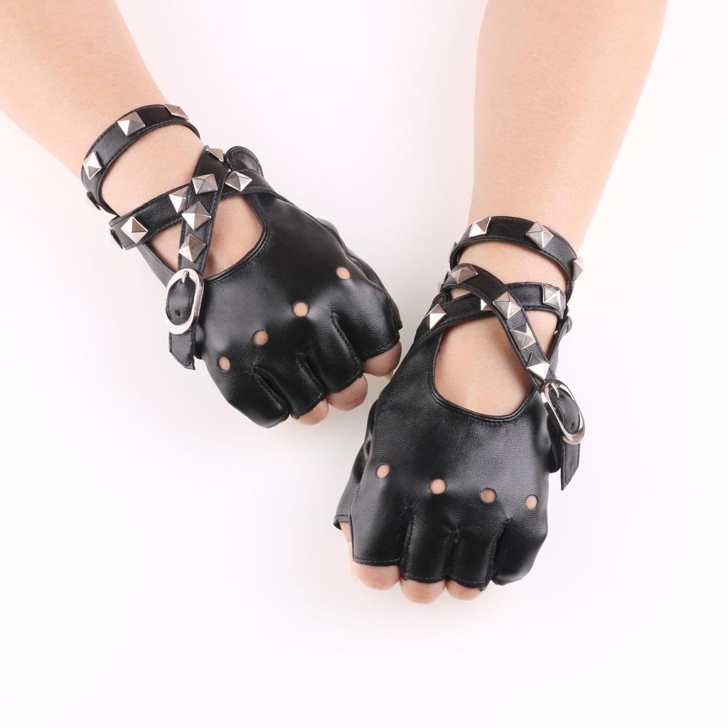 Women's Cool Punk Leather Dance Gloves for Nightclub and Performance