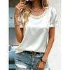 Women Elegant Satin Blouse With Pearl Neckline Puff Short Sleeve Casual Tops