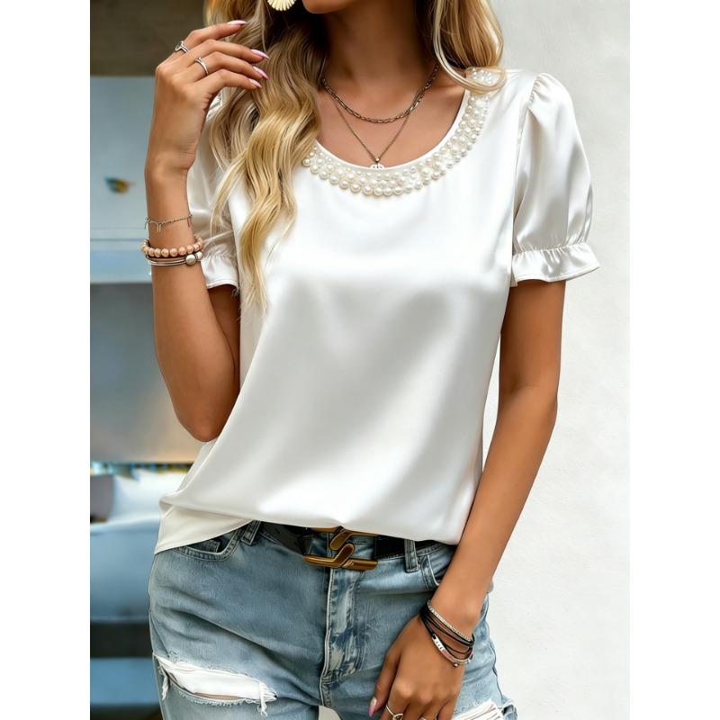 Women Elegant Satin Blouse With Pearl Neckline Puff Short Sleeve Casual Tops