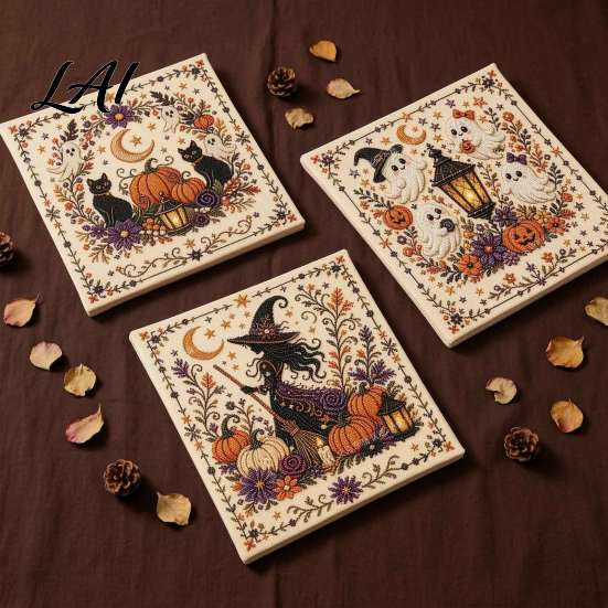 Handmade Home Accents Halloween Embroidery Kit DIY Stitch Kit for Adults Cute Witch Decoration Ghost Black Cat Pumpkin Pattern Wall Decor Beginners