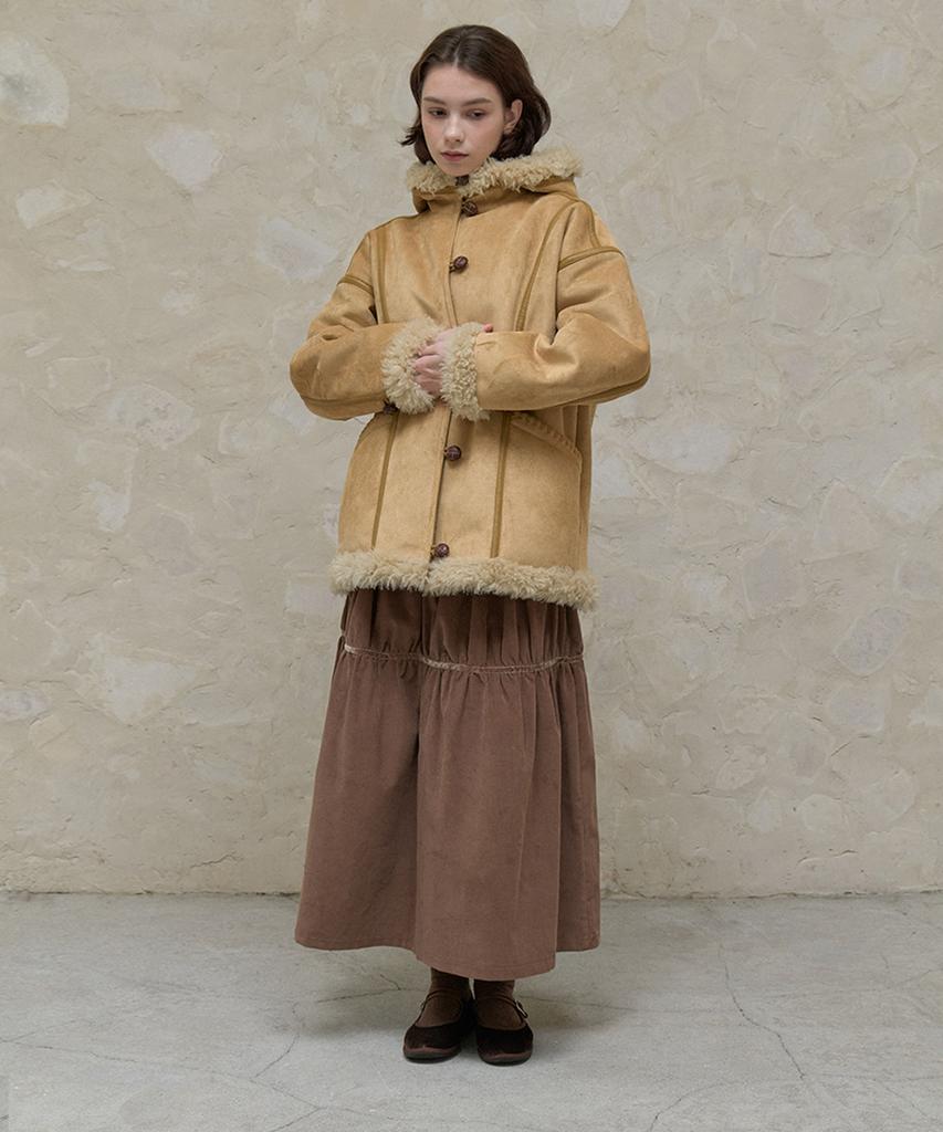 Itove Seoul Corduroy Shirred Long Skirt Brown