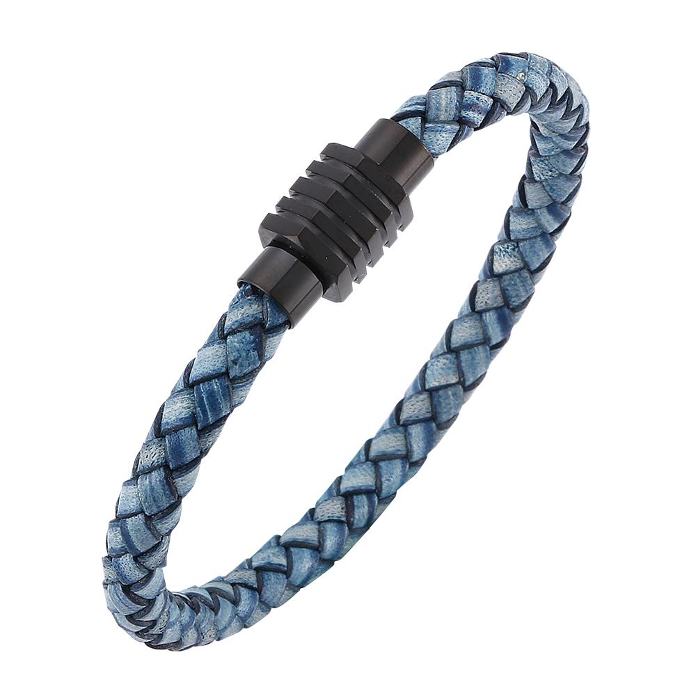 

Винтажные мужские украшения Синий браслет из плетеной натуральной кожи Черная застежка из нержавеющей стали Браслеты-манжеты Подарок 185mm синий