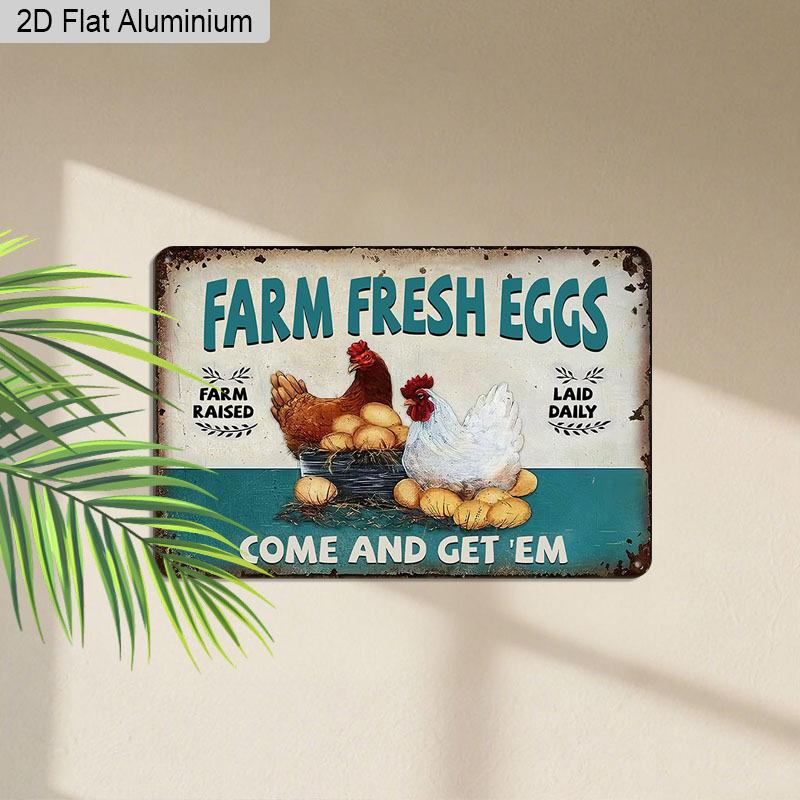 2D Flat 1pc Vintage Aluminum Sign Farm Fresh Eggs Come and Get Em Retro Farm Chicken Wall Decor Plaque for Home Kitchen Chicken Coop