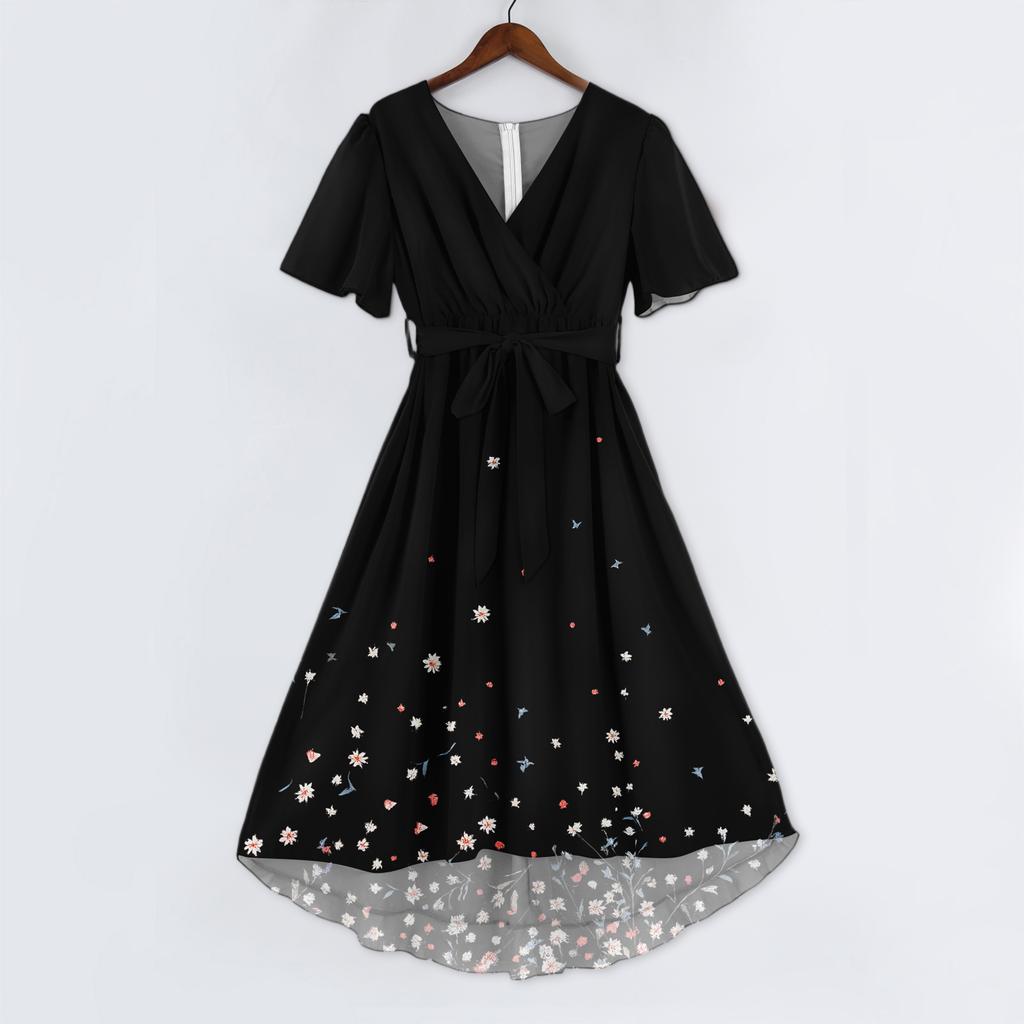 Damenmode Lässig V-Ausschnitt Kurzarm Rüschen Vintage Bedruckte Kleider