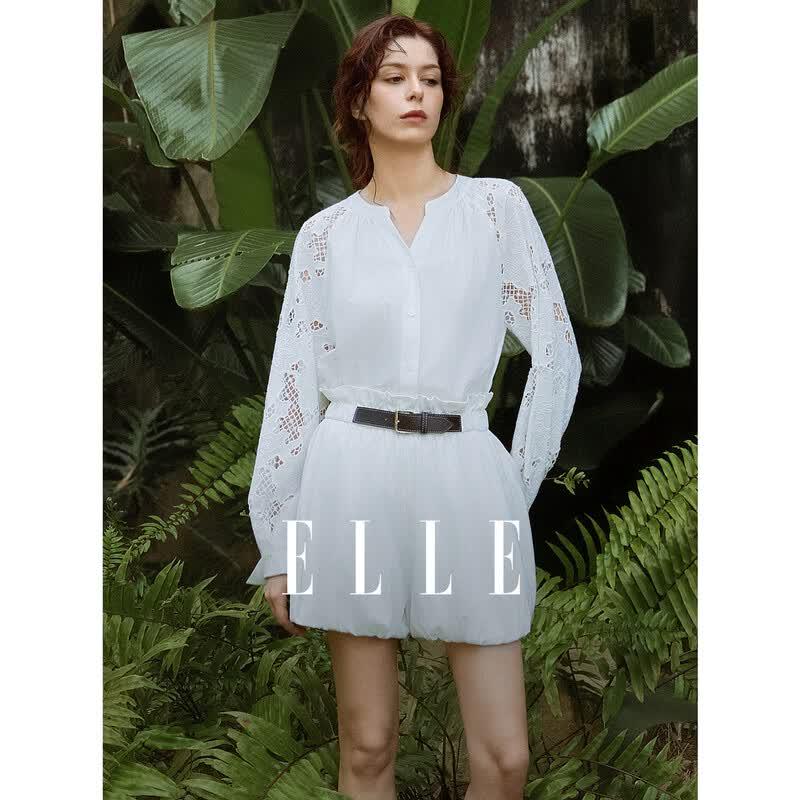 ELLE Women s French Elegant Hollow V-neck Shirt M