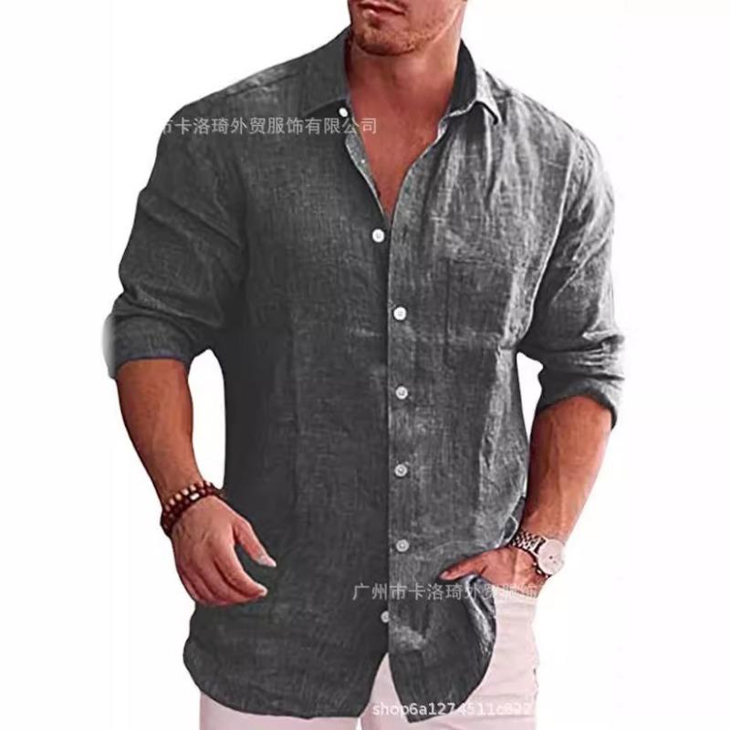 Foreign Trade Men's Loose Large Size Solid Color Shirt Linen Lapel Long Sleeve Casual Shirt Men's