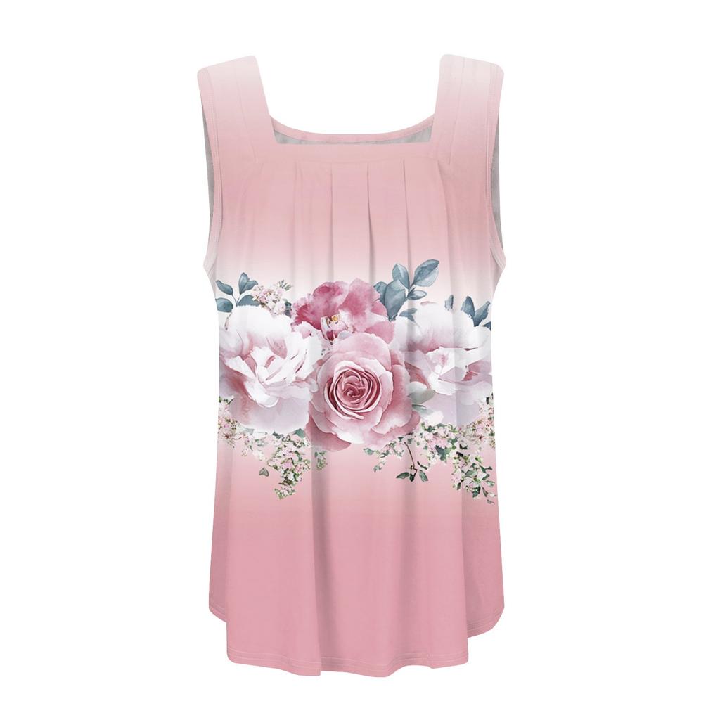 Ärmelloses Tanktop mit plissiertem, quadratischem Ausschnitt und Pflanzendruck für Damen