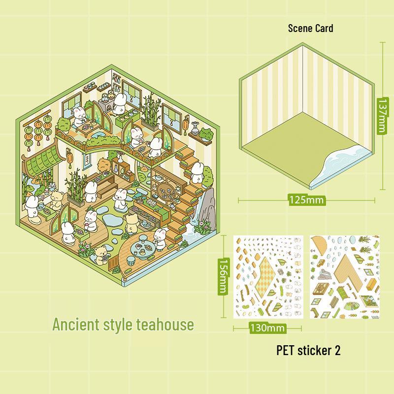 Korean Ancient Tea House Miniature Scenery Sticker - Cute DIY Cartoon