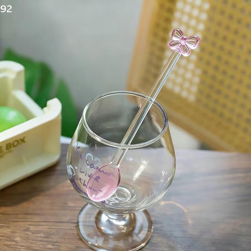 Pink Bow Glass Coffee Spoon, Long-handled Dessert/milk Tea Stirring Spoon, Heat-resistant Teaspoon, Household Kitchen Tool.
