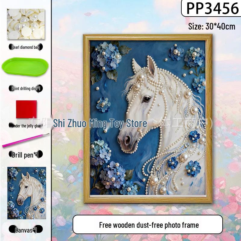 Handmade 3D Pearl Cross-Stitch Castle with Starry Sky Stickers and Indoor Decorative Frame