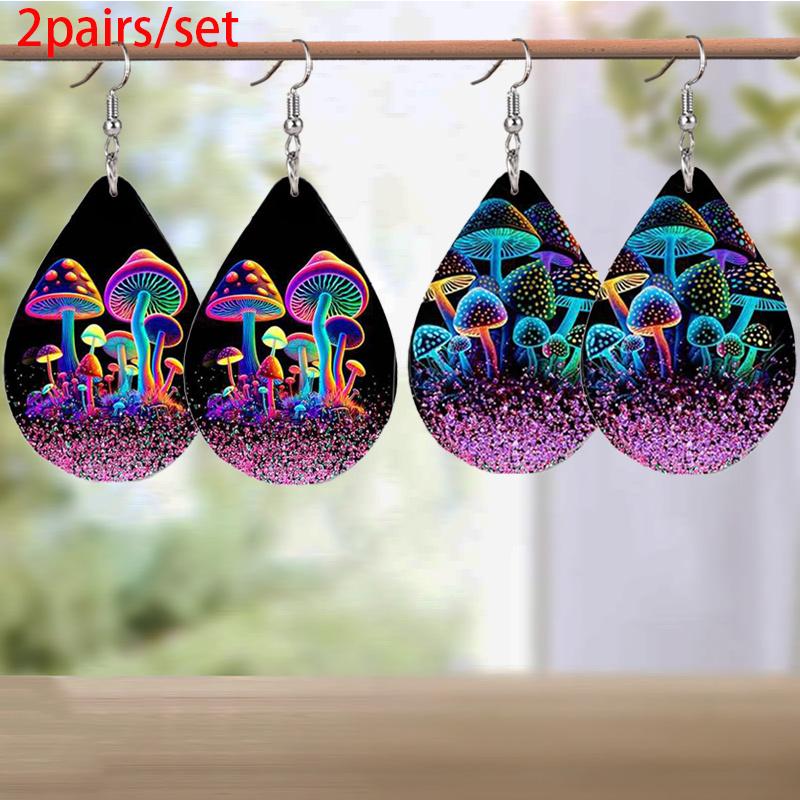 Glowing Mushroom Jellyfish Pattern PU Leather Earrings for Women Creative Fashion Earrings Double-sided Pattern Design Classic Water Drop Earrings