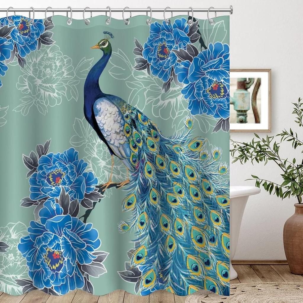 Peacocks Shower Curtains Chinese Birds Feather Bathroom Curtains Retro Flower Waterproof Polyester Bathtub Screen With Hooks