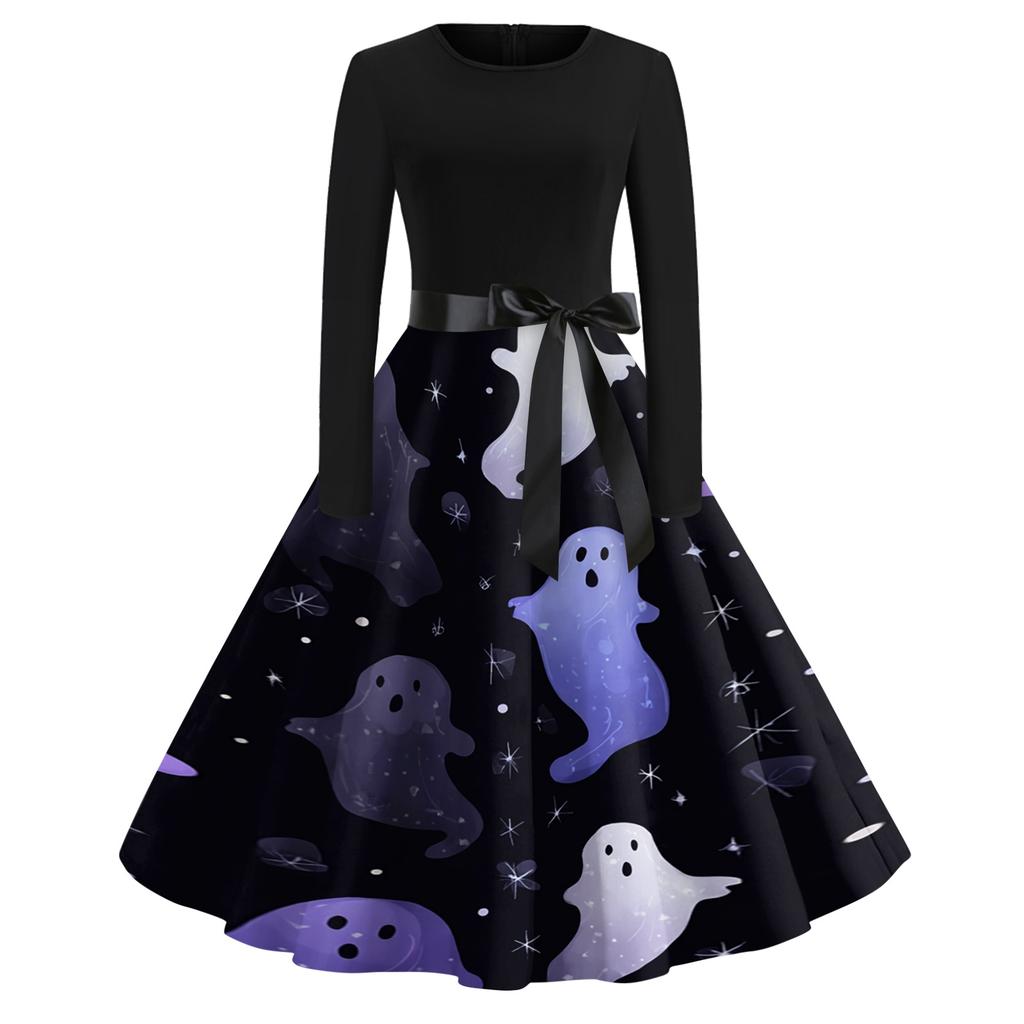 Women's Casual Vintage Halloween Print Dress Long Sleeve Round Neck Retro Swing Skater Dress with Waist Tie for Fall and Winter
