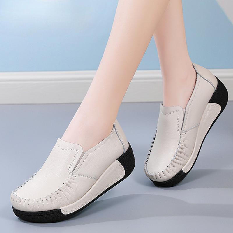 Genuine Leather Women Working Shoes Fashion Wedge Heels Platform Shoes Non-slip Loafers Casual Walking Shoes