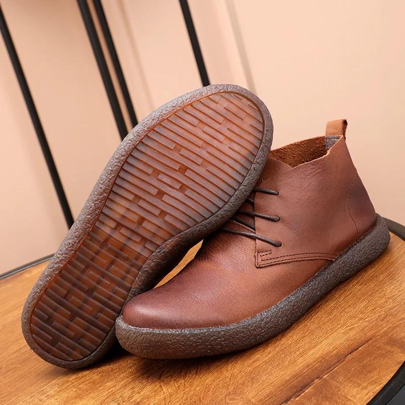 High Ankle Casual Walking Sneakers Top Layer Cowhide Soft Leather  Sole Men's  Spring Short Boots Outdoor Camp Shoes