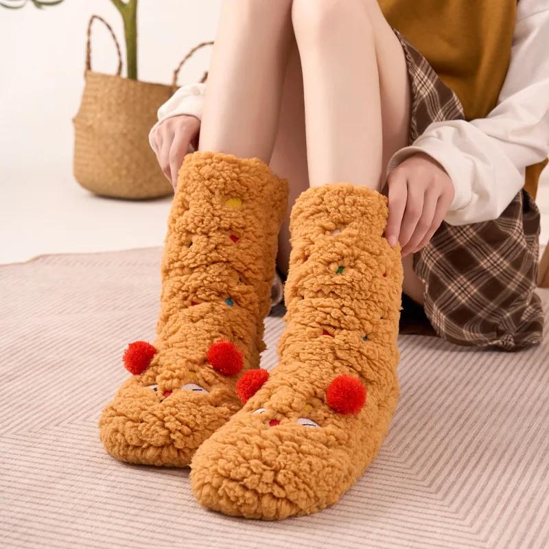 Women's Winter Socks Funny Thickened Warm Medium Tube Sock Warm Kawaii Cartoon Home Floor Coral Velvet Girls Fluffy Stockings
