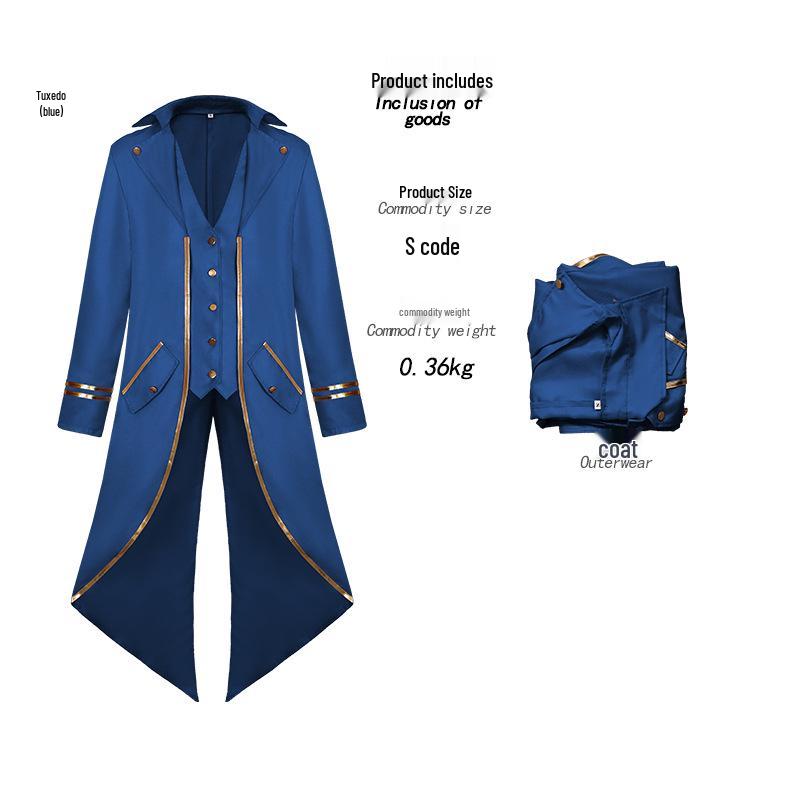 

2022 Средневековый сюртук с золотой отделкой ласточкин хвост Костюм на Хэллоуин S