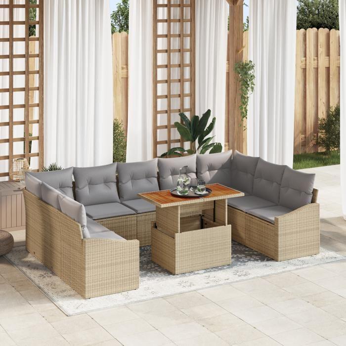 VidaXL Ensemble de salle à manger de jardin de 10 pièces avec coussins en rattan poly beige 3349881