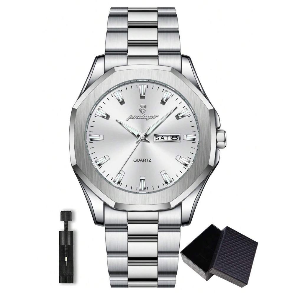 POEDAGAR 1pc Casual Men's Stainless Steel Quartz Wristwatch, Dual Date Display, Business Waterproof Luminous Wristwatch, Men's Gift