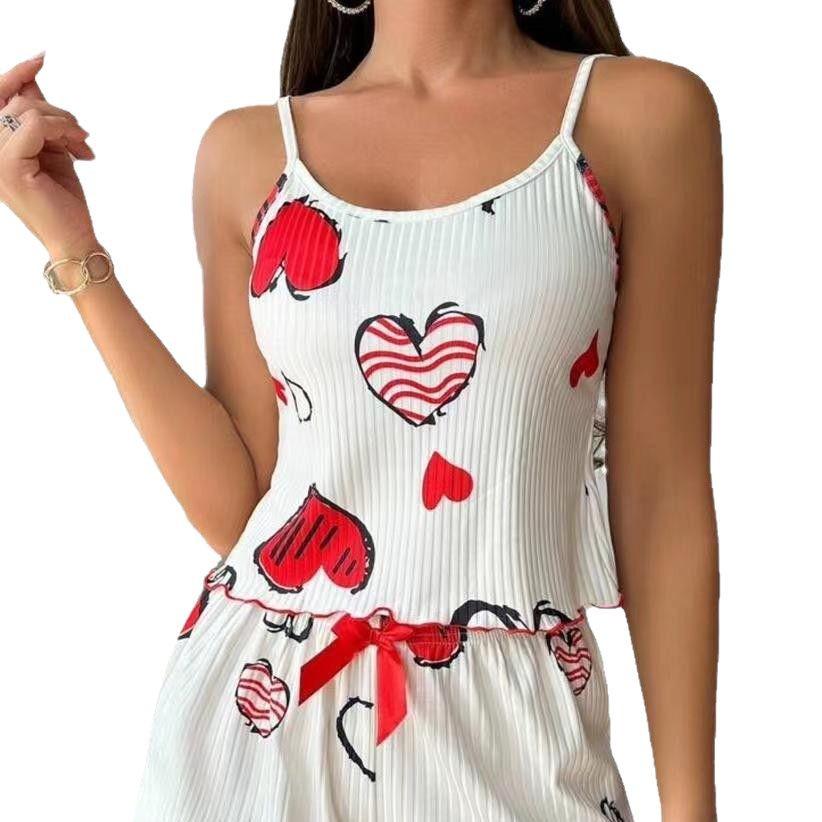 Women's Ribbed Knit Heart Print Camisole Pajama Set - Tank Top & Shorts Two-Piece