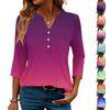 Women's Fashionable Casual Color Block Gradient Print V-Neck Button Three-Quarter Sleeve T-Shirt Top