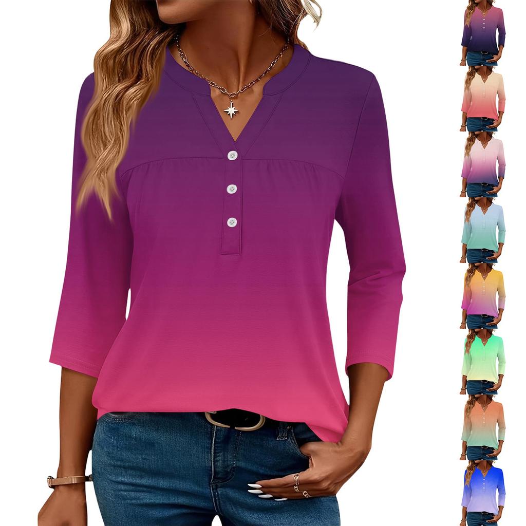 Women's Fashionable Casual Color Block Gradient Print V-Neck Button Three-Quarter Sleeve T-Shirt Top