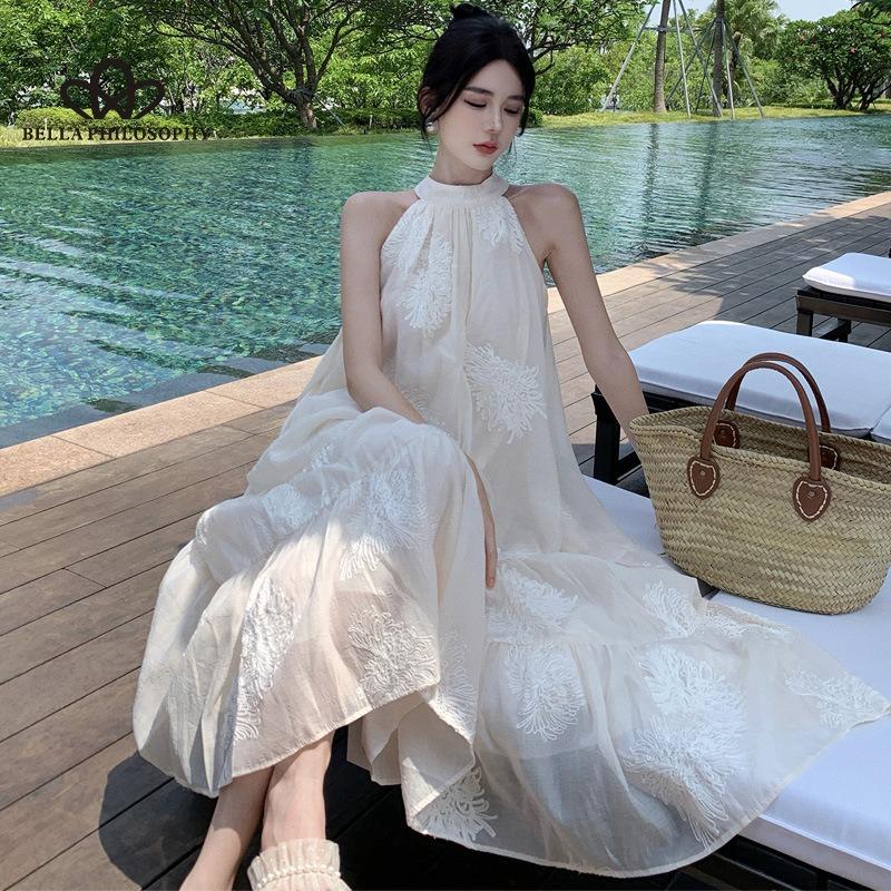 French Strapless Hanging Neck Dress Fairy Summer Princess Seaside Vacation Beach Long Dress Casual Style Dress