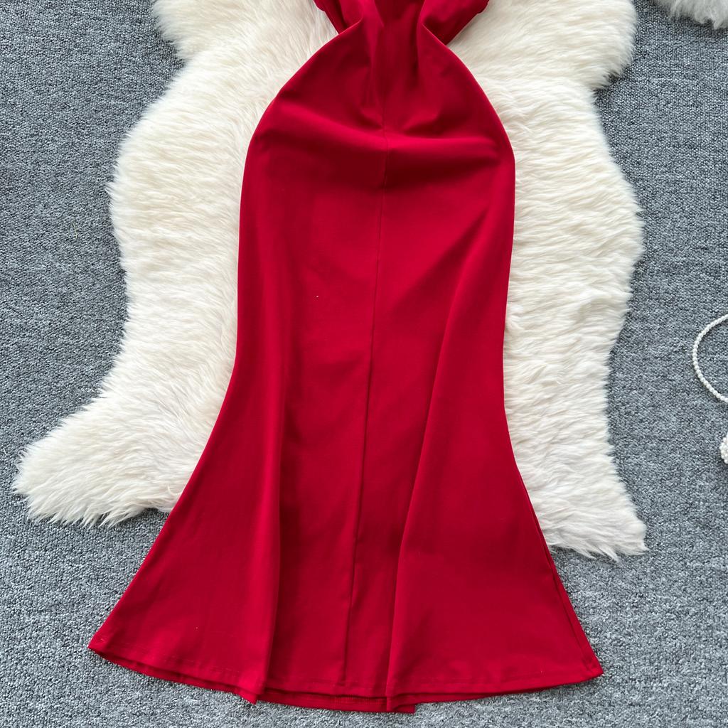 Summer Women V-neck Sleeveless Beaded Solid Evening Party Mermaid Fishtail Long Midi Dresses