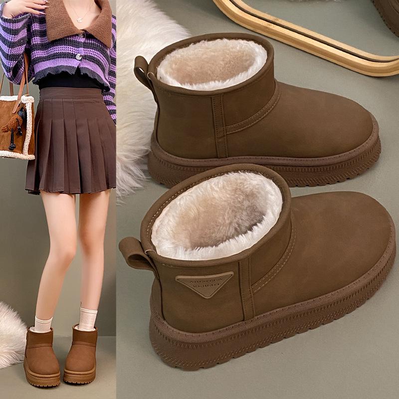 Women's 2025 Autumn/Winter Korean Fleece-Lined Leather and Fur Snow Boots with Thick Soles