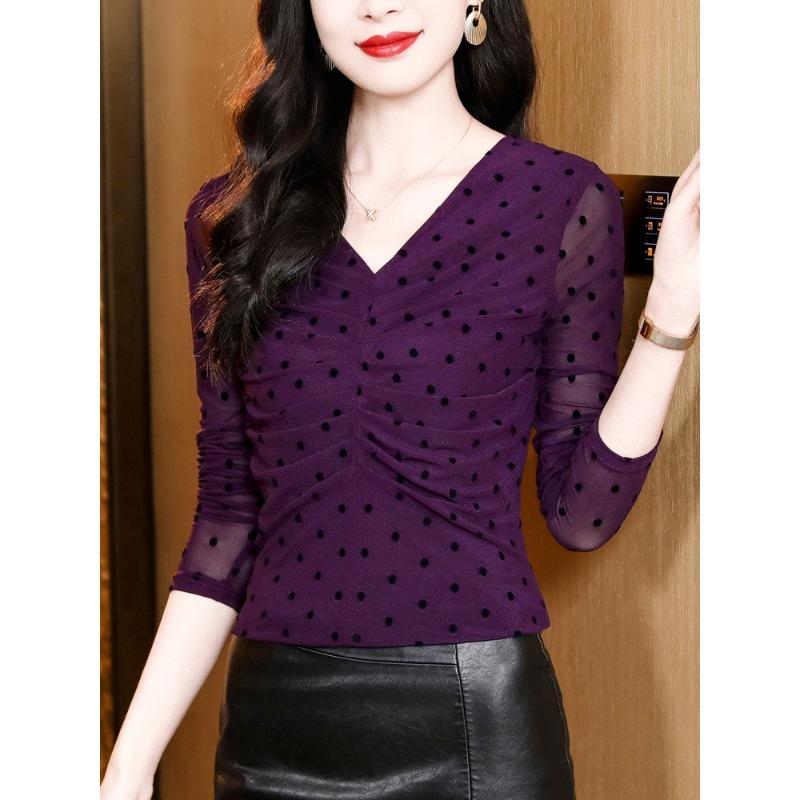 

Весенняя новинка V-образный вырез горошек темперамент плиссированная тонкая сетчатая рубашка с длинными рукавами универсальный пуловер футболка топ 3XL фиолетовый