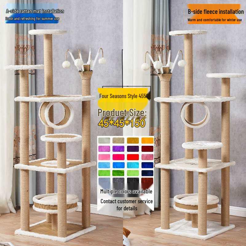 Multifunctional Rattan Cat Tree with Sisal Posts, Velvet Mats, Climbing Platform, Scratch Boards, and Cozy Nest for All Seasons