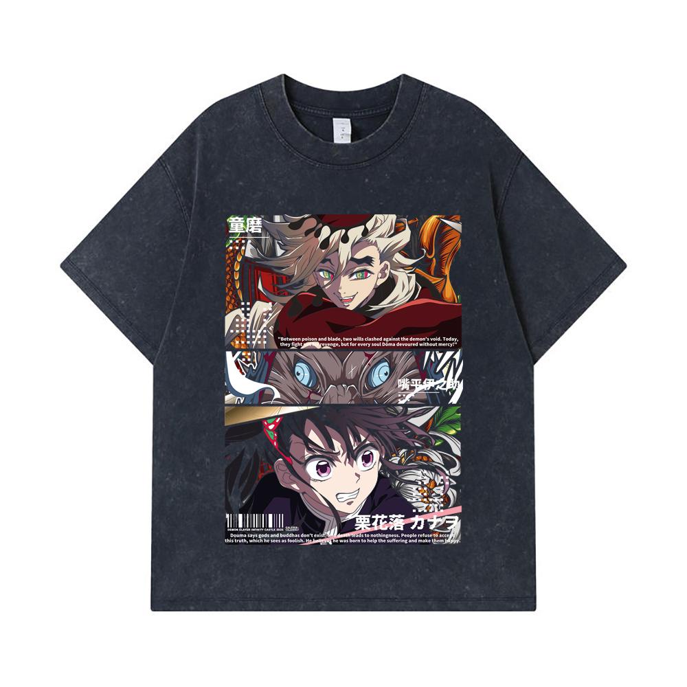 275 GSM Washed T-shirts 100% Cotton Demon Slayer V30 Kanao x Doma Black Print Unisex Heavy Cotton T Shirt
