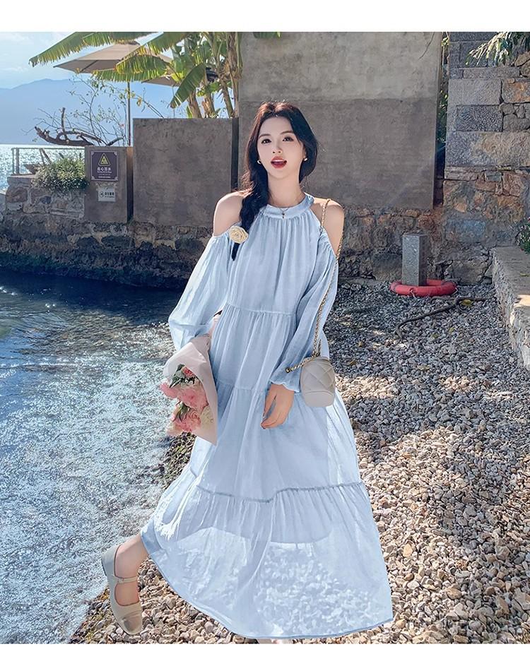 

Light blue seaside vacation dress women s spring and summer new models are popular today, beautiful and sweet off-the-shoulder fairy skirt S синий
