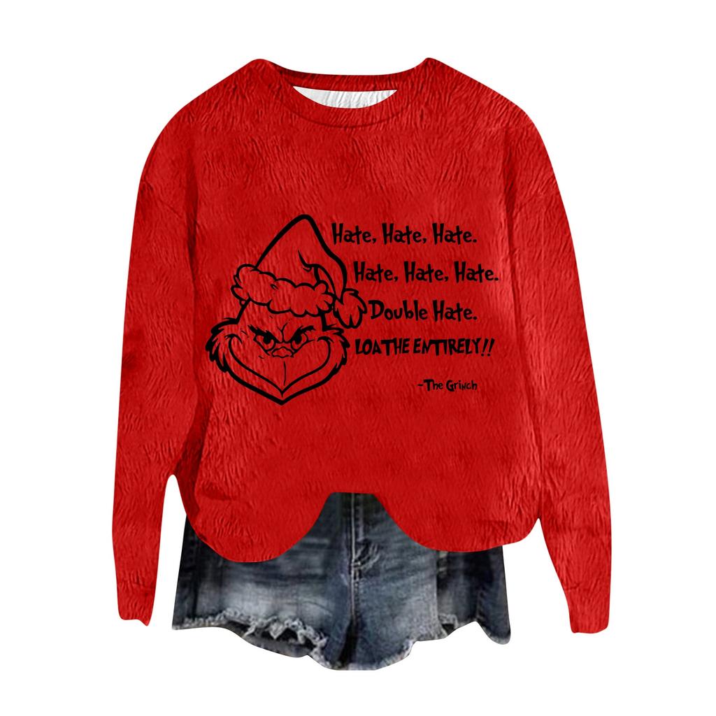 Women's Fashion Round Neck Pullover Top Long Sleeve Tee Christmas Printed Sweatshirt