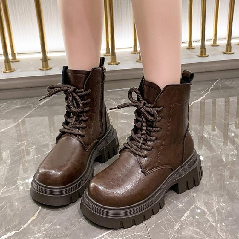 Women Ankle Boots Platform Mid Heels Designer Shoes Lace Up Motorcycle Boots  Trend Winter New Brand Goth Botas De Mujer