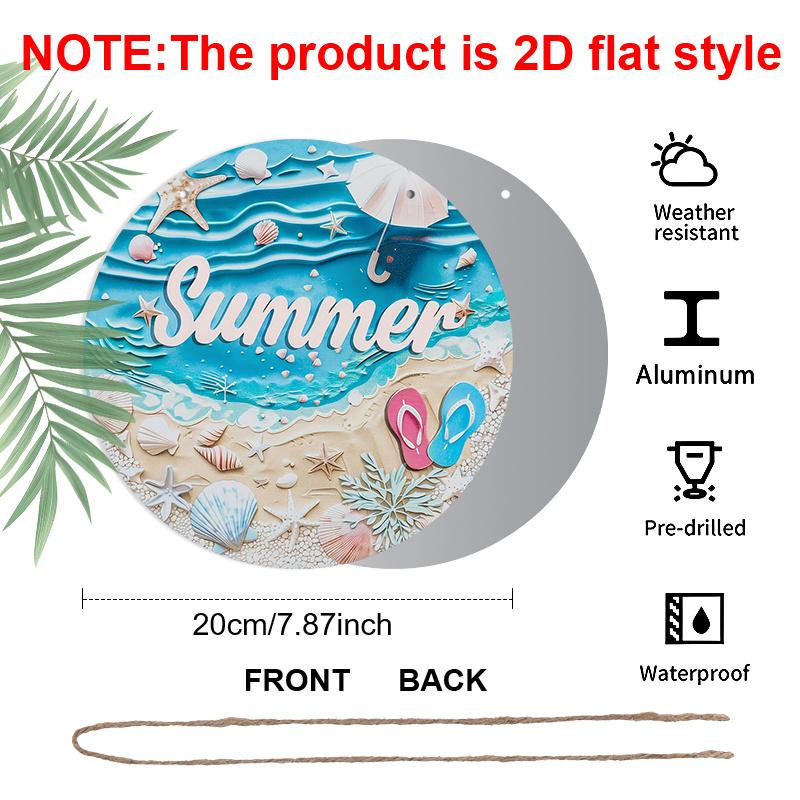 2D Flat, 1pc Round Aluminum Summer Beach Sign, Seashell & Flip Flop Metal Plaque, Ocean Wave & Starfish Coastal Design, Perfect for Beach House