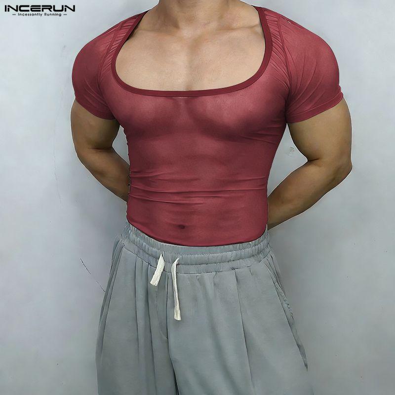 INCERUN Men Short Sleeve Mesh Sheer Sexy Party Club T-shirts Tops