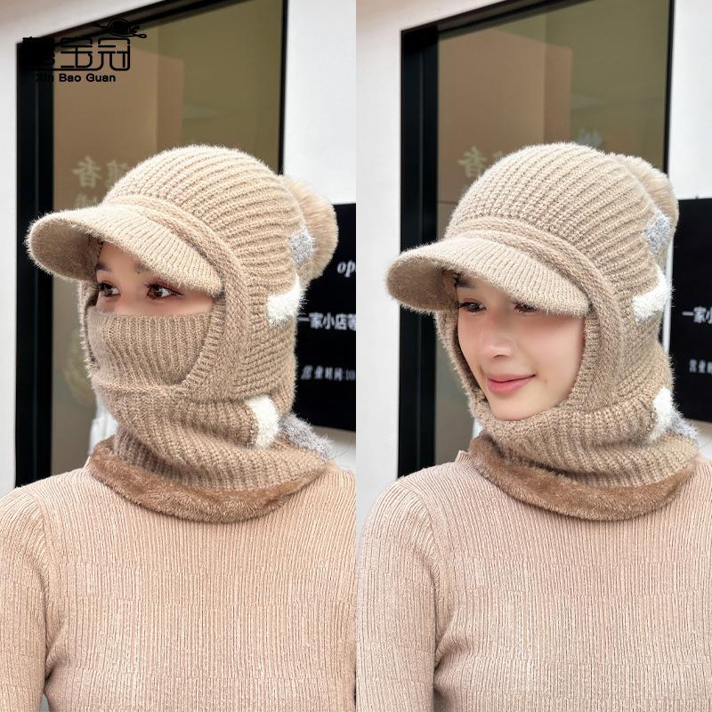 Winter outdoor thermal pullover hat children fleece ear protectors knitted wool hat riding face mask scarf integrated