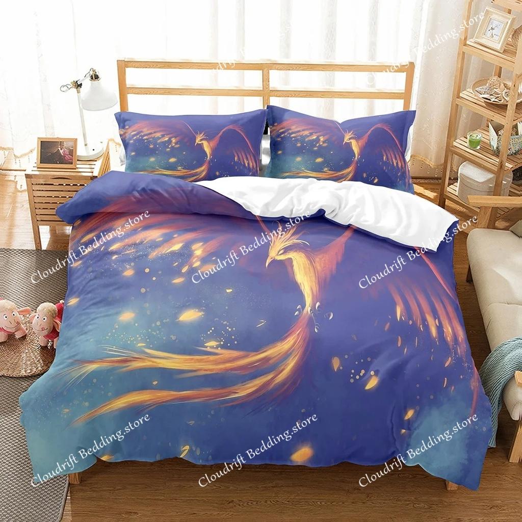 Phoenix Duvet Cover Set King Queen Size for Kids Boy Girls Bedding Set Yellow Animals Pattern Polyester Quilt Cover with Zipper