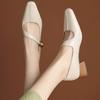 Handmade Shoes Small Square Head Thick Heel Mary Jane Shoes Women's Spring and Autumn 2025 White Single Shoes Light Mouth Short Flats