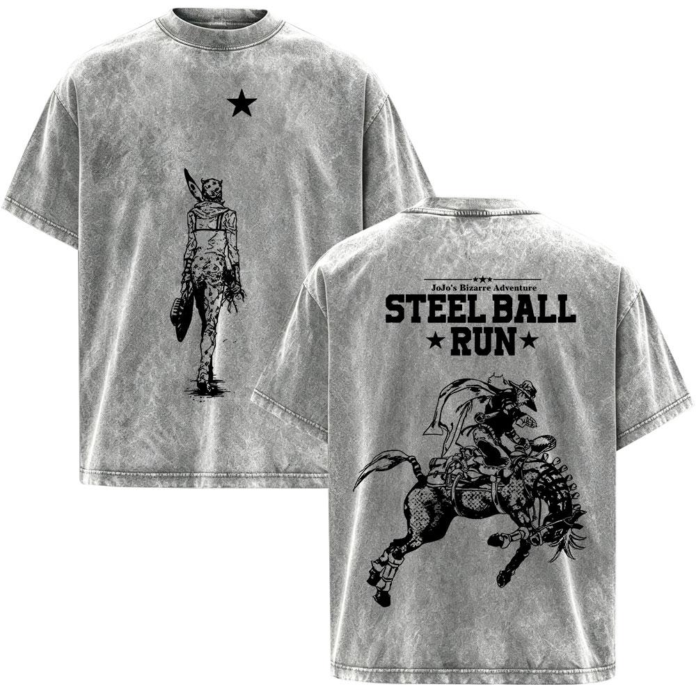 Anime JoJo Bizarre Adventure STEEL BALL RUN Johnny Joestar Magliette Vintage Lavate Uomo Donna Manica Corta Oversize Magliette