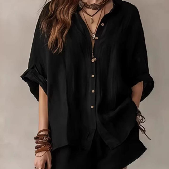 European and American Cross-border Foreign Trade Women's Clothing 2026 Summer New Solid Color Loose-breasted Shirt Shorts Fashion Casual Suit