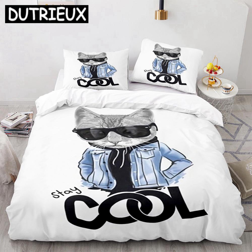 Cartoon Funny Cute Cat Duvet Cover Set 3D Polyester Pillowcases Quilt Cover Home Decor Gift Twin King Queen Bedding Set