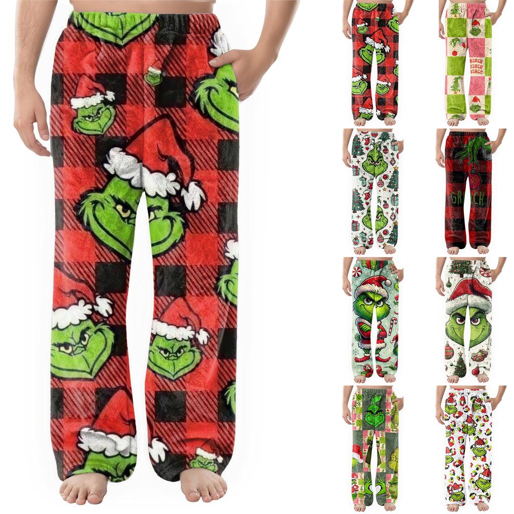 Men's Flannel Pocket Casual Pants, Printed Pocket Casual Pants, Home Sleeping Pants