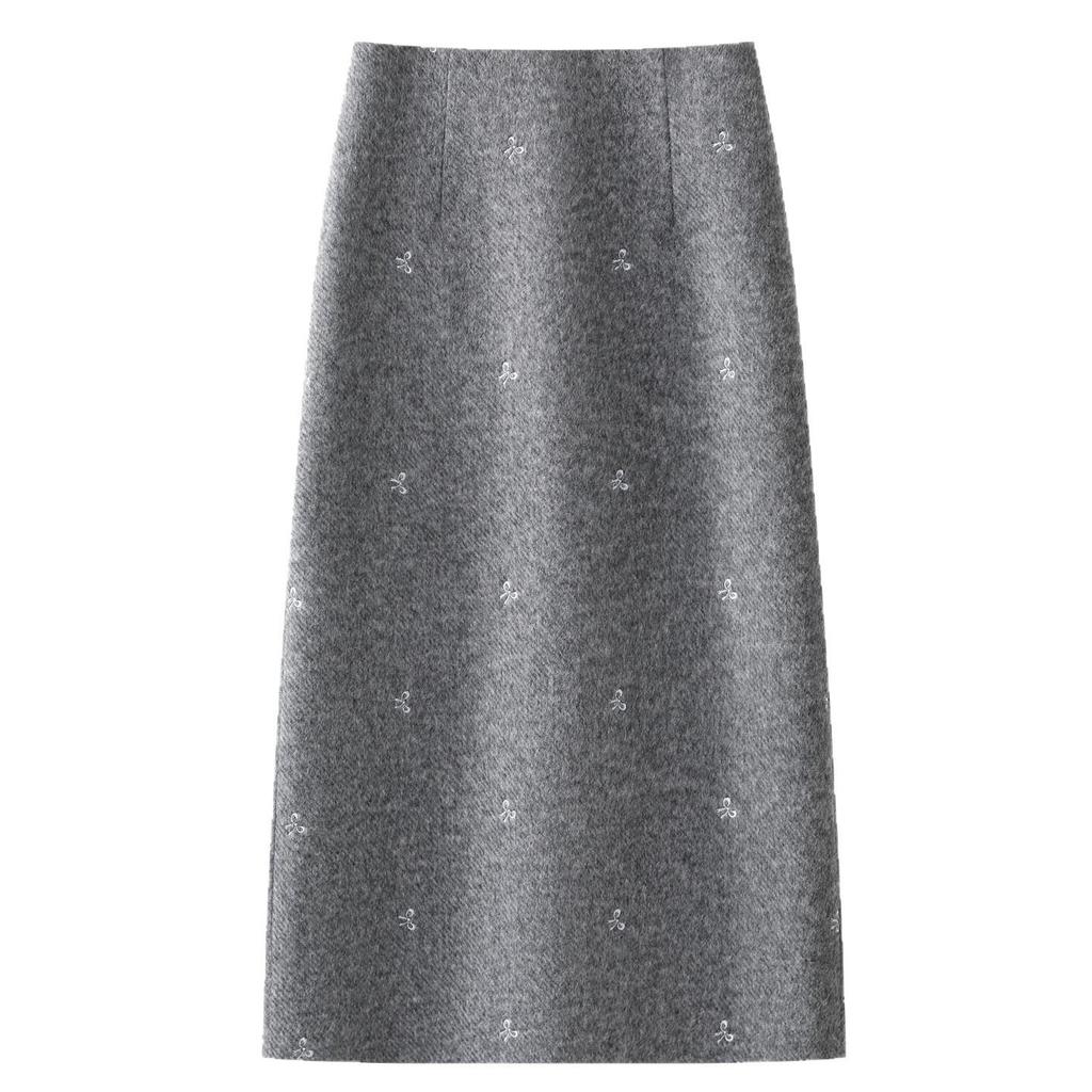 Women's Gray Wool Tweed Embroidered A-line Skirt with Slit (Autumn/Winter 2025)